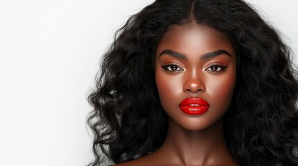 Fototapeta premium A woman with long hair and red lipstick. She has a serious expression on her face. Concept of confidence and boldness