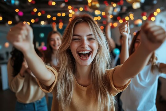 Team celebrating launch, office setting, success