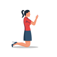Businesswoman is praying. A girl in a suit on his knees reads a prayer. Vector illustration flat design. Isolated on white background.