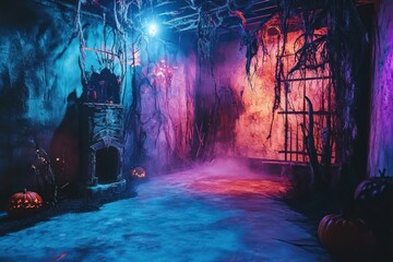 A Haunted Room with Cobwebs, Glowing Pumpkins and an Iron Gate