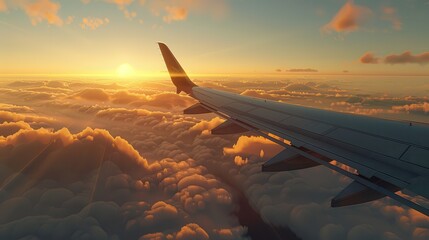 Commercial Airplane Flying Above Clouds at Sunset. Aerial View of Aircraft with Wide Wing Span