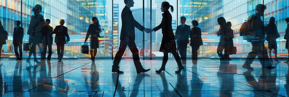 Poster Two business people shake hands in front of a contemporary office building while others walk by, highlighting collaboration and networking. Generative AI
