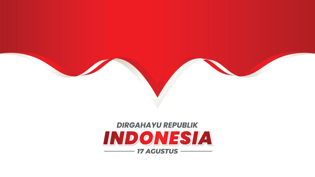 Indonesian Independence Day Theme Background. 17 August red white flag ribbon with waving flag background design. Template Design Illustration design, for banner, poster, social media feed.