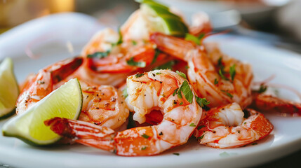 Delicious fried shrimp with lime wedges on a restaurant table