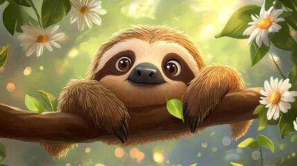 Obraz premium Cute Sloth Relaxing on a Tree Branch in a Blooming Forest