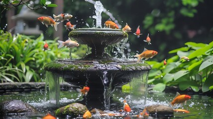 Unrealistic fish themed aquatic fountain garden