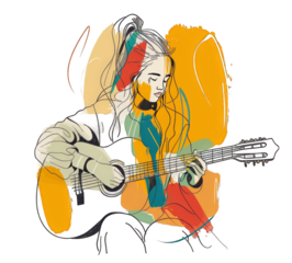 girl playing guitar pop art style on transparent background