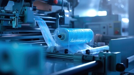 Factory Machinery with Blue Plastic Roll