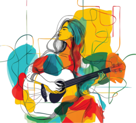 girl playing guitar pop art style on transparent background