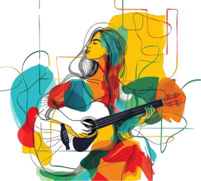 girl playing guitar pop art style on transparent background