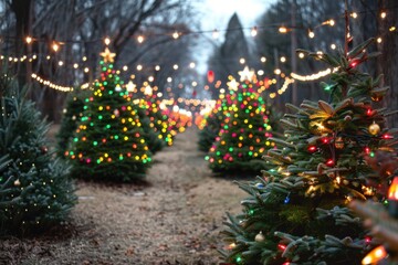 Outdoor Christmas Trees with Festive Lights Lining a Snowy Path Creating a Magical Winter Wonderland for Holiday Celebrations






