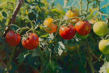 Blurry background. Great depth of field. Bunch of red tomatoes at various stages of ripening. Solanum lycopersicum. Close-up of unripe and ripe tomatoes in a garden. Blurry background.