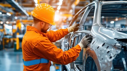 A man in hard hat is working on a car. The car is silver and has a shiny finish. The man is focused on his work, and the scene gives off a sense of precision and attention to detail