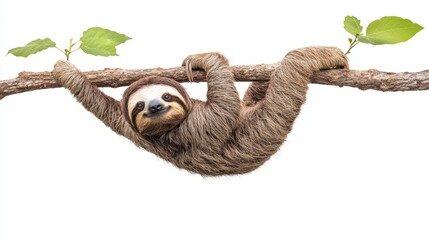 Adorable sloth hanging from tree branch in cute front-facing shot - wildlife photography.