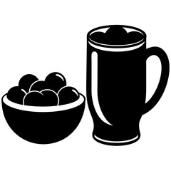 A beer mug with a bowl of olives. art vector illustration