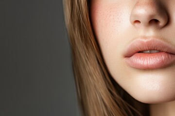 Close-up of a woman's face, focusing on her lips and nose, against a gray background.