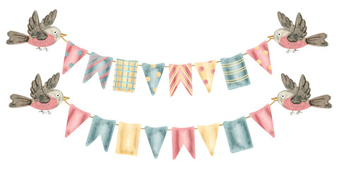 A garland of multicolored flags held by bullfinch birds isolated on a white background. Watercolor illustration, clipart. Template for the design of greetings,invitations, birthday, Christmas,