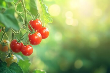 On a branch in a greenhouse, ripe red tomatoes hang. Close-up.
