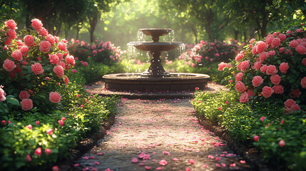 A serene garden scene featuring a beautiful fountain surrounded by vibrant roses, creating a tranquil and enchanting atmosphere.
