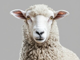 A close-up shot of a sheep's face, set against a gray background