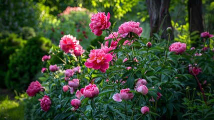 The peony is lush and bright in bloom