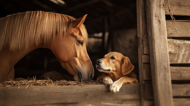 Horse and Dog Meeting in a Barn - Powered by Adobe
