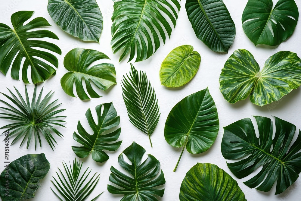 Poster various types of tropical leaves are neatly arranged, showcasing their unique shapes and shades of g