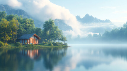 Fototapeta premium Scenic lake view with a cozy cabin, surrounded by misty mountains and lush greenery during a tranquil morning.