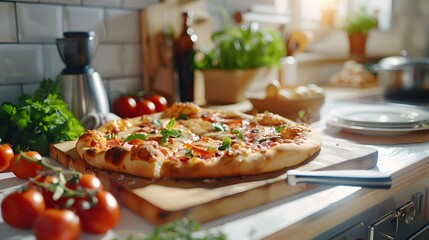 The pizza is homemade with a crispy crust