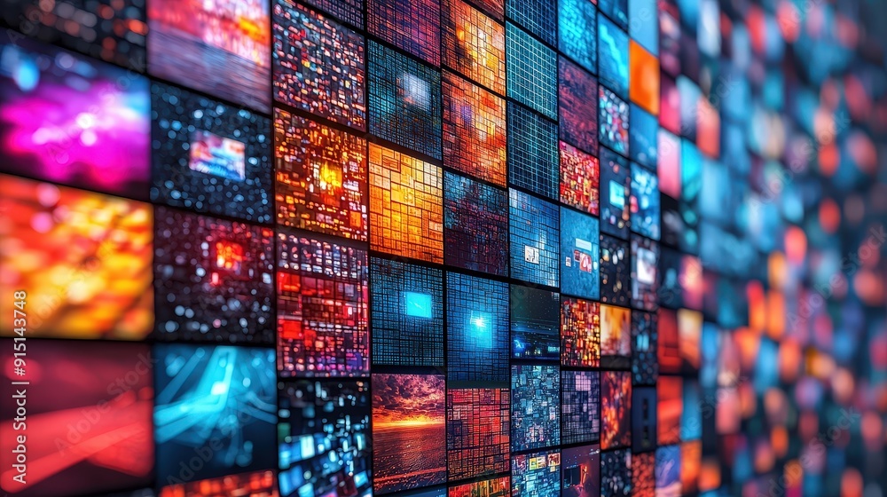Aufkleber Dynamic visual arrangement comprised of multiple glowing panels filled with intricate light patterns and colors in a modern urban environment