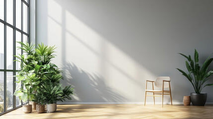  The space is designed for a mockup, featuring natural light pouring in, creating a bright and inviting atmosphere. The furniture includes sustainable materials, blending functionality