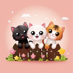 Fototapeta premium Playful Kittens Among Vibrant Blooms - Illustration of Cute Cats Frolicking in Garden, Colorful Flowers, Flat Design Artwork