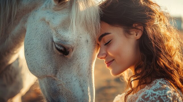 A young woman shares a tender moment with a white horse during sunset, enjoying the peaceful connection in the golden light of the countryside