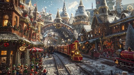 Fototapeta premium Santa Claus and his elves building intricate toy castles and trains in a festive workshop