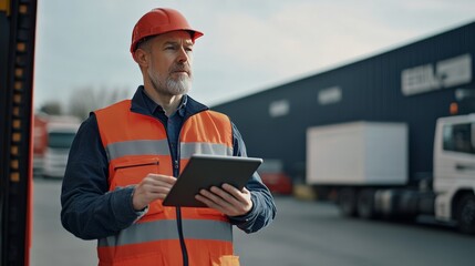 Mature warehouse worker wearing protective workwear working with tablet standing near truck at Logistics distribution center, Retail warehouse.