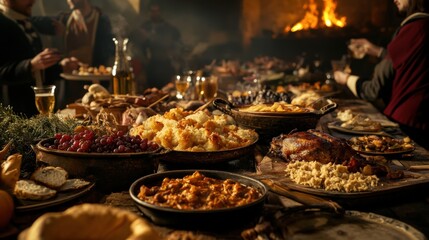 Naklejka premium Guests enjoy a festive banquet filled with seasonal dishes in Belgium, honoring Saint Hubert's Day amid a warm, inviting atmosphere