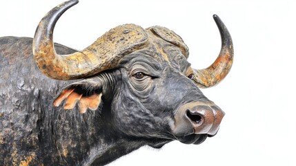 Naklejka premium Majestic Buffalo with Large Horns in Profile on White Background