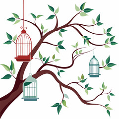 Tree branch with birdcages art vector illustration