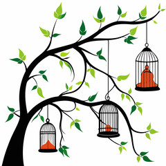 Tree branch with birdcages art vector illustration