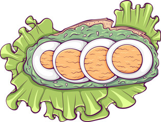 Sandwich with avocado and sliced egg top view. Healthy wholesome breakfast with boiled egg and vegetables. Color vector illustration in hand drawn style. Restaurant snack isolated on white.