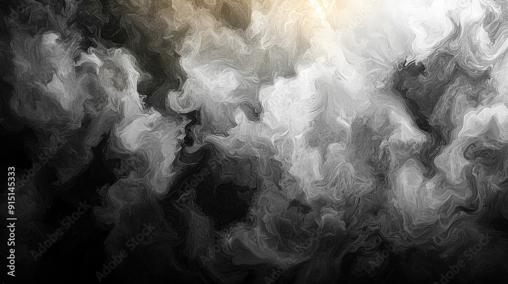 Poster Wisps of white and gray smoke curl and blend together, creating an abstract pattern against a dark backdrop, evoking a sense of movement and depth