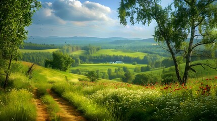 Obraz premium Spacious agricultural field where forests and meadows