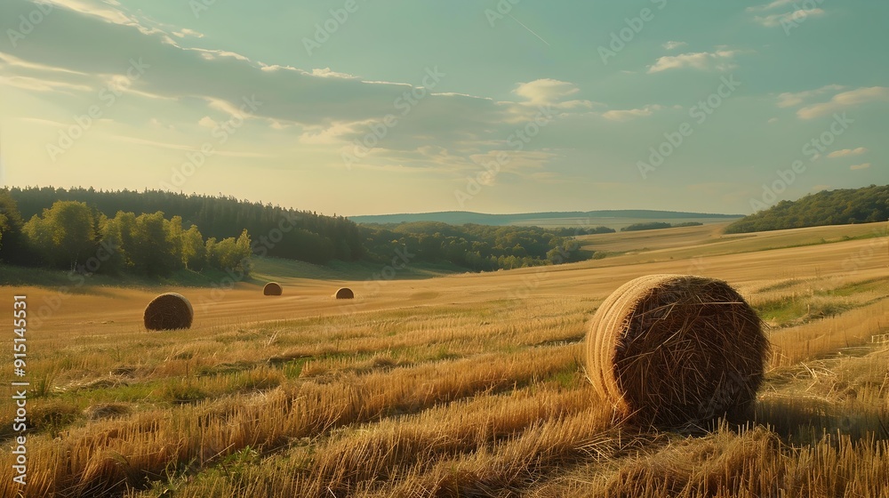 Sticker a field with dried grass and haystacks stretching