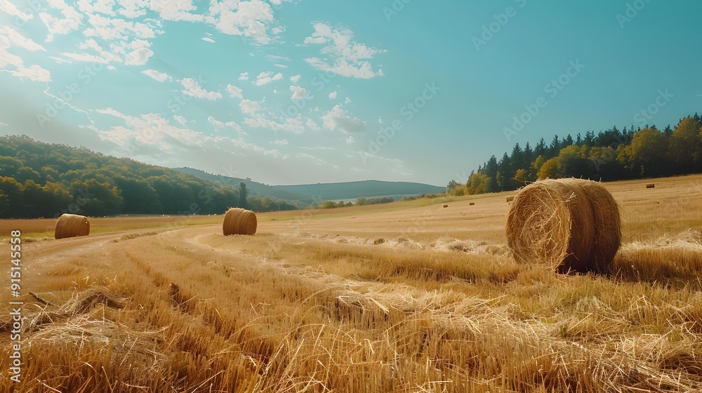 Wall mural a field with dried grass and haystacks stretching