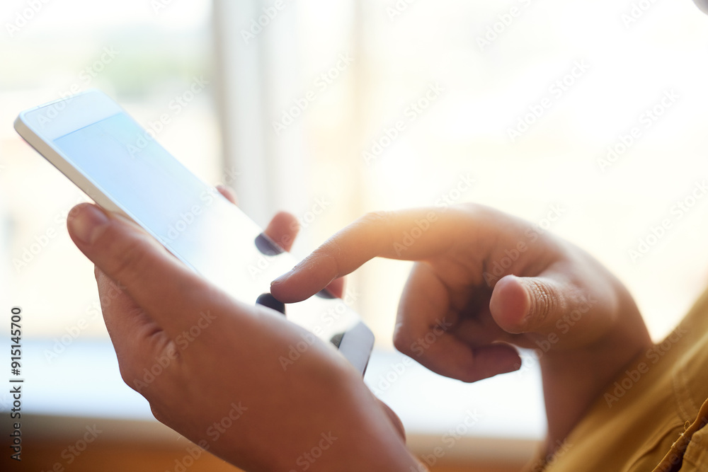 Poster Hands, person and online with smartphone for networking, communication and connection. Internet, website and social media post with text message or subscription on mobile app, email and notification