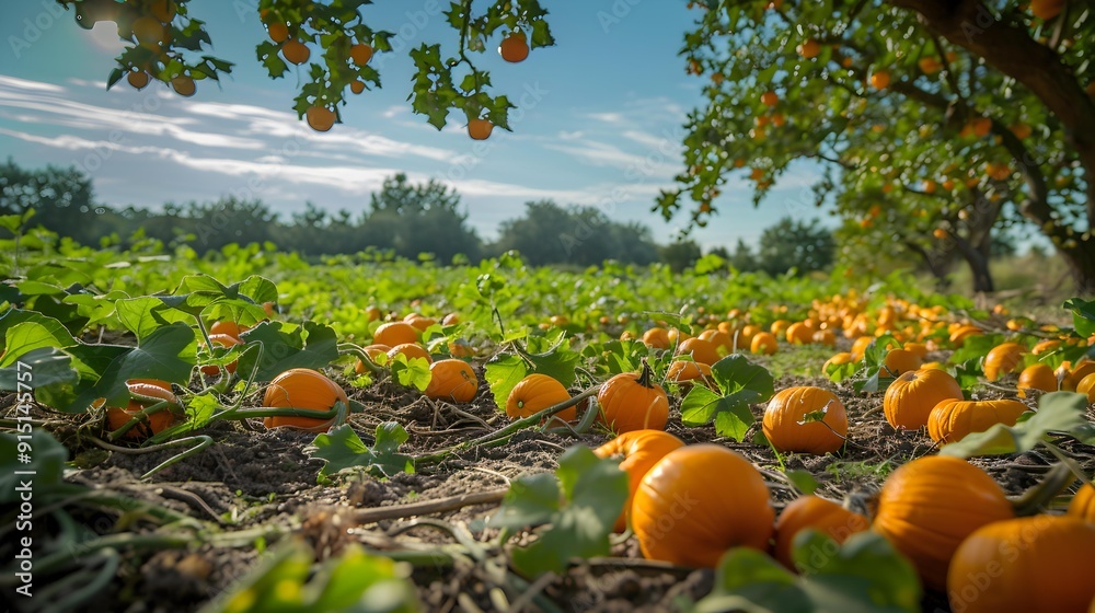 Wall mural a pumpkin field with bright orange pumpkins scattered