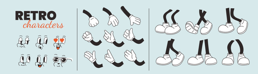 Retro groovy character constructor. Cartoon comic faces, hands and legs positions collection. Vector illustration. © Irina Strelnikova