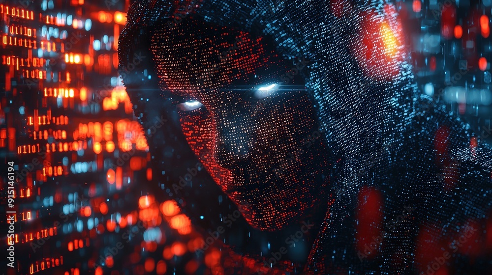 Poster a hooded figure with glowing eyes is immersed in a sea of red and blue binary code, evoking a high-t