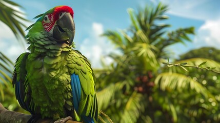 A green parrot with red and blue accents