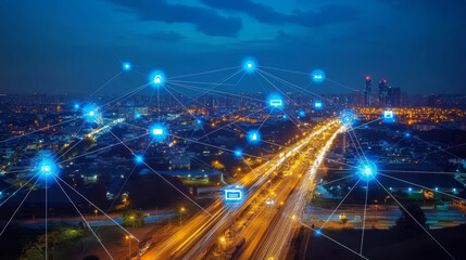 Naklejka premium This description provides a comprehensive overview of the concept of a smart city with 5G communication networks and IoT, emphasizing the interconnectedness and advanced technological infrastructure.